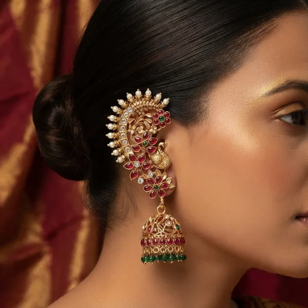 Viva_Jewels_Royal_Peacock_&_Floral_Dual-Tone_Kemp_Ear_Cuff_Jhumkas_–_Antique_Gold_Plated_Ear_Cuffs_with_Pearl_Crest_&_Green_Bead_Jhumka_Drops