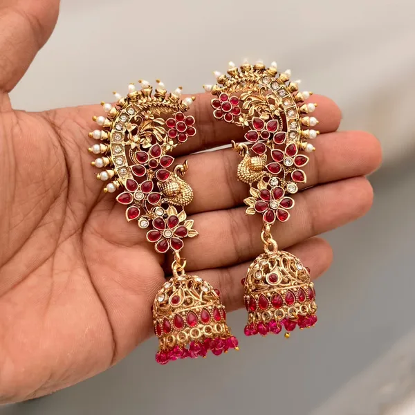 Viva_Jewels_Royal_Peacock_&_Floral_Ruby_Kemp_Ear_Cuff_Jhumkas_–_Antique_Gold_Plated_Ear_Cuffs_with_Pearl_Crest_&_Hanging_Jhumka_Drops
