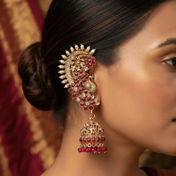 Viva_Jewels_Royal_Peacock_&_Floral_Ruby_Kemp_Ear_Cuff_Jhumkas_–_Antique_Gold_Plated_Ear_Cuffs_with_Pearl_Crest_&_Hanging_Jhumka_Drops