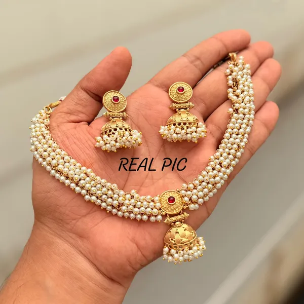 Viva_Jewels_Royal_Pearl_Cluster_Choker_Set_–_Woven_Multi-Strand_Pearl_Collar_Necklace_with_Antique_Gold_Red_Medallion_&_Hanging_Jhumka_Dr