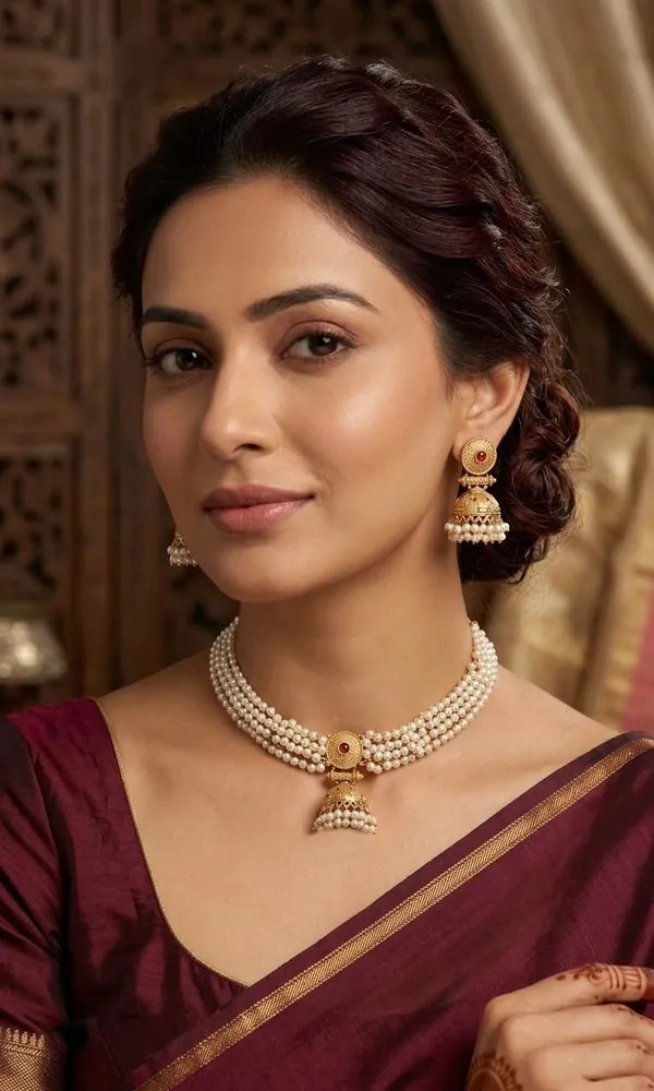 Viva_Jewels_Royal_Pearl_Cluster_Choker_Set_–_Woven_Multi-Strand_Pearl_Collar_Necklace_with_Antique_Gold_Red_Medallion_&_Hanging_Jhumka_Dr