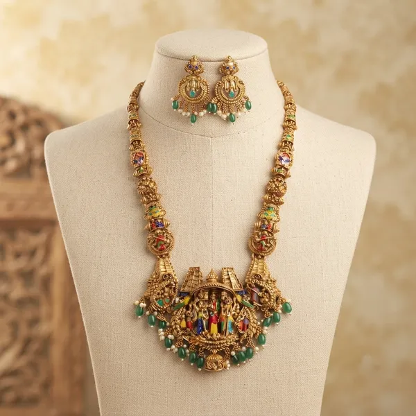 Viva_Jewels_Royal_Ram_Parivar_Antique_Gold_Nakshi_Temple_Haram_Set_–_Handcrafted_Divine_Ram_Darbar_Long_Necklace_with_Emerald_Bead_Drops_&_Matching_Earrings