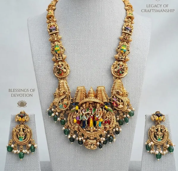 Viva_Jewels_Royal_Ram_Parivar_Antique_Gold_Nakshi_Temple_Haram_Set_–_Handcrafted_Divine_Ram_Darbar_Long_Necklace_with_Emerald_Bead_Drops_&_Matching_Earrings