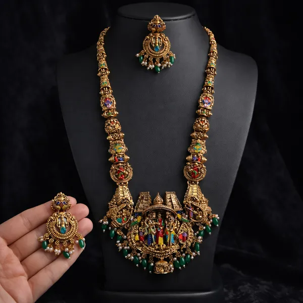 Viva_Jewels_Royal_Ram_Parivar_Antique_Gold_Nakshi_Temple_Haram_Set_–_Handcrafted_Divine_Ram_Darbar_Long_Necklace_with_Emerald_Bead_Drops_&_Matching_Earrings