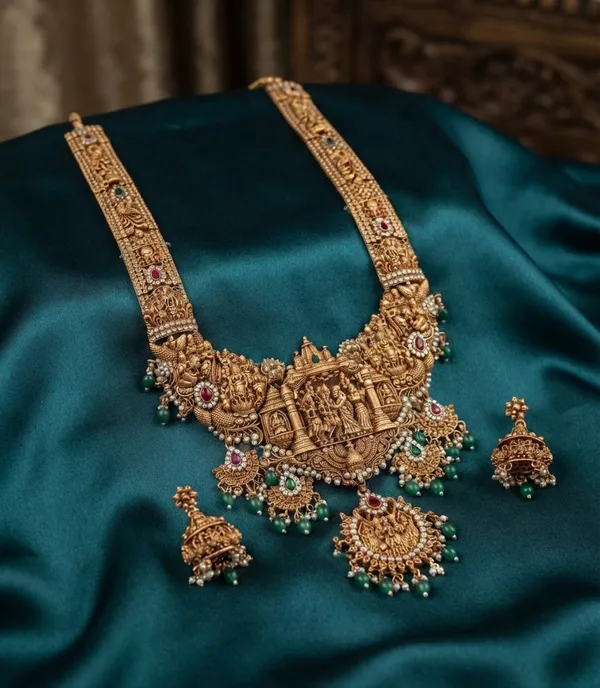 Viva_Jewels_Royal_Ram_Parivar_Antique_Gold_Temple_Haram_Set_–_Handcrafted_Bridal_Long_Necklace_with_Green_Bead_Drops_&_Matching_Earrings