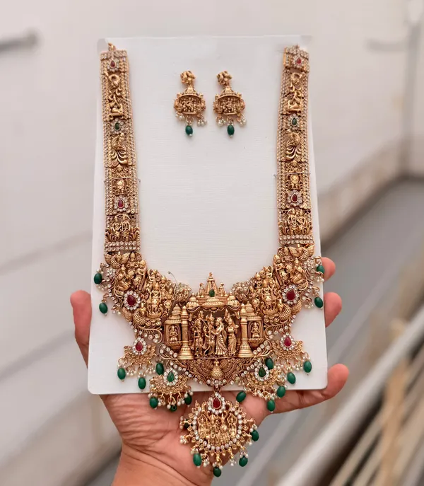 Viva_Jewels_Royal_Ram_Parivar_Antique_Gold_Temple_Haram_Set_–_Handcrafted_Bridal_Long_Necklace_with_Green_Bead_Drops_&_Matching_Earrings