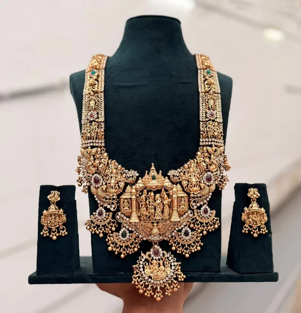 Viva_Jewels_Royal_Ram_Parivar_Antique_Gold_Temple_Haram_Set_–_Handcrafted_Bridal_Temple_Necklace_&_Jhumka_Earrings_with_CZ_&_Kemp_Accents