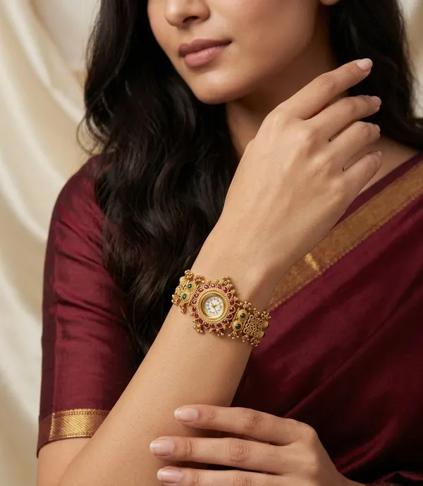 Viva_Jewels_Royal_Ruby_Floral_Temple_Bracelet_Watch_–_Antique_Matte_Gold_Filigree_&_Kemp_Studded_Bajuband_Wristwatch