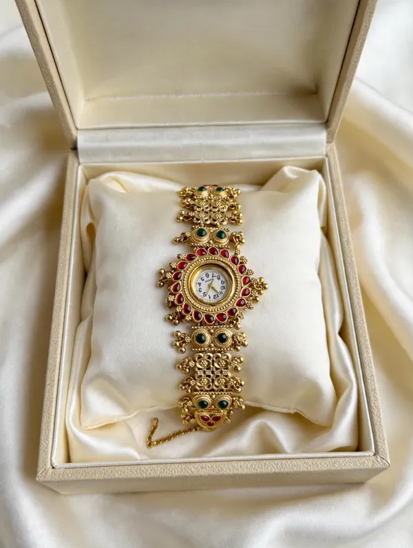 Viva_Jewels_Royal_Ruby_Floral_Temple_Bracelet_Watch_–_Antique_Matte_Gold_Filigree_&_Kemp_Studded_Bajuband_Wristwatch