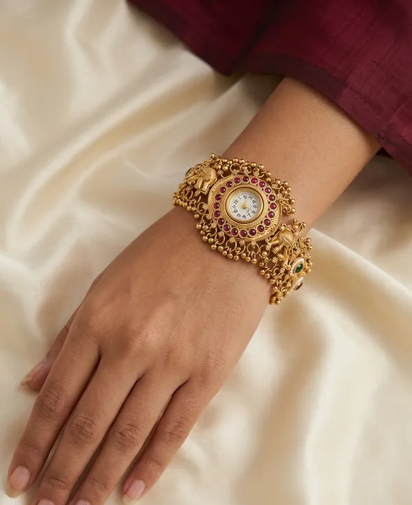 Viva_Jewels_Royal_Ruby_Halo_Temple_Bracelet_Watch_–_Antique_Matte_Gold_Elephant_&_Kemp_Studded_Bajuband_Wristwatch
