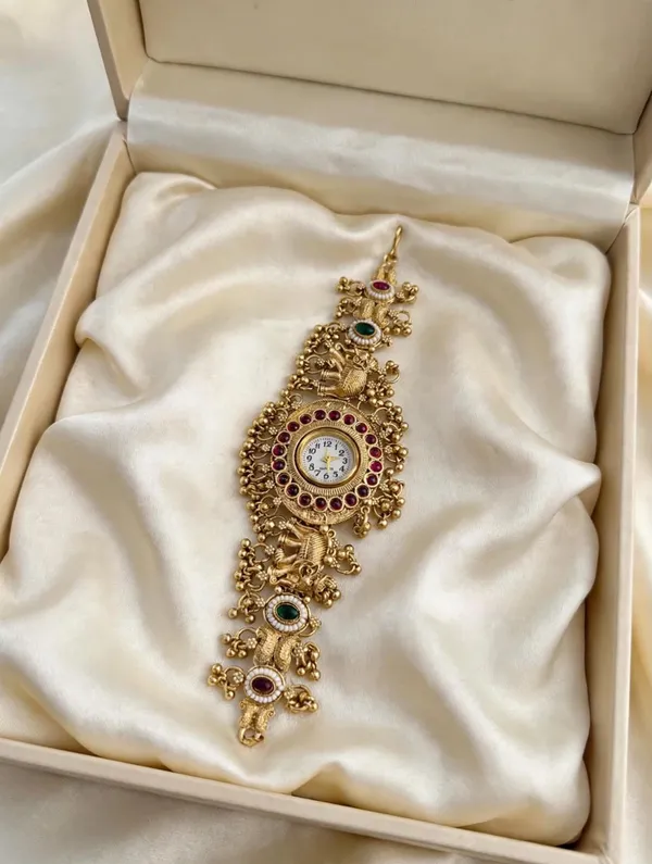Viva_Jewels_Royal_Ruby_Halo_Temple_Bracelet_Watch_–_Antique_Matte_Gold_Elephant_&_Kemp_Studded_Bajuband_Wristwatch