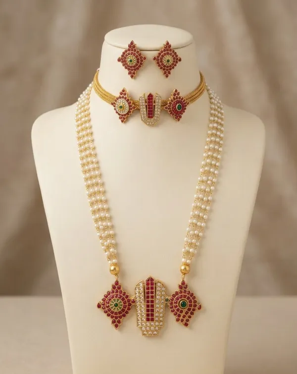 Viva_Jewels_Royal_Shanku_Chakra_Namam_Bridal_Set_–_Premium_Multi-Strand_Pearl_Haar_with_Traditional_Choker_and_Matching_Statement_Earrings