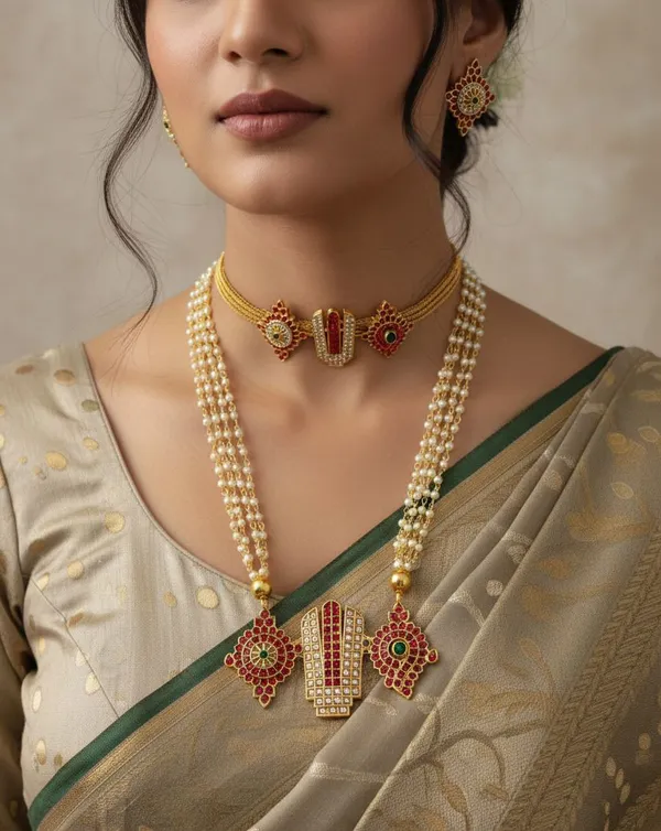 Viva_Jewels_Royal_Shanku_Chakra_Namam_Bridal_Set_–_Premium_Multi-Strand_Pearl_Haar_with_Traditional_Choker_and_Matching_Statement_Earrings