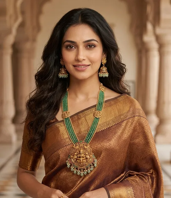 Viva_Jewels_Royal_South_Indian_Lakshmi_Temple_Long_Haar_–_Premium_Matte_Gold_Plated_Multi-Strand_Green_Bead_Necklace_Set_with_Wedding_Jhumkis