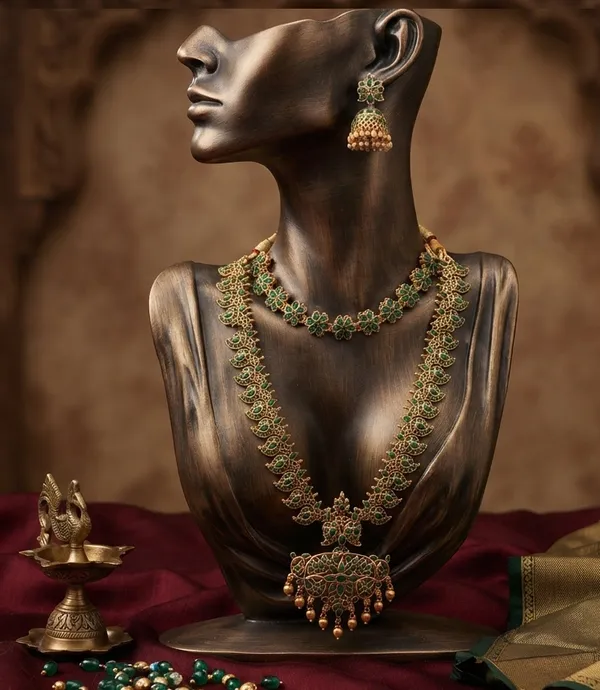 Viva_Jewels_Royal_Temple_Emerald_Green_Stone_Necklace_Set_–_Antique_Matte_Gold_Short_&_Long_Haram_Combo_with_Studs_&_Jhumkas