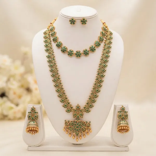 Viva_Jewels_Royal_Temple_Emerald_Green_Stone_Necklace_Set_–_Antique_Matte_Gold_Short_&_Long_Haram_Combo_with_Studs_&_Jhumkas