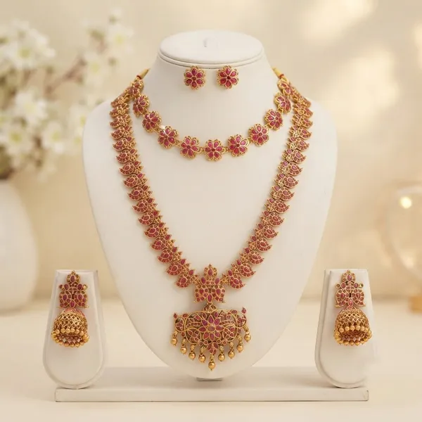 Viva_Jewels_Royal_Temple_Ruby_Stone_Necklace_Set_–_Antique_Matte_Gold_Short_&_Long_Haram_Combo_with_Studs_&_Jhumkas