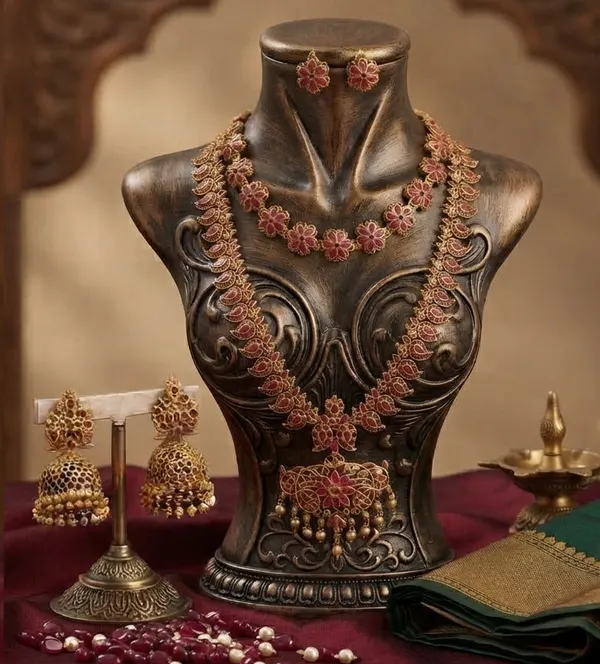 Viva_Jewels_Royal_Temple_Ruby_Stone_Necklace_Set_–_Antique_Matte_Gold_Short_&_Long_Haram_Combo_with_Studs_&_Jhumkas