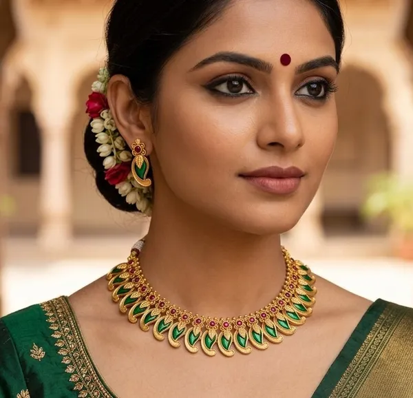 Viva_Jewels_Traditional_Antique_Gold-Plated_Manga_Malai_Necklace_Set_–_Classic_South_Indian_Mango_Motif_Choker_with_Emerald_Green_&_Ruby_Accent_Kemp_Stones_and_Matching_Drop_Earrings