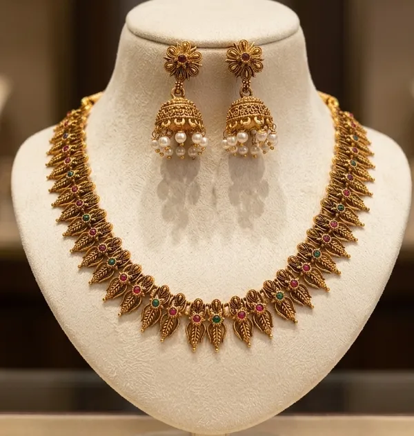 Viva_Jewels_Traditional_Antique_Gold-Plated_Mango_Leaf_Kemp_Choker_Set_–_Royal_Matte_Finish_South_Indian_Style_Festive_Necklace_with_Matching_Jhumka_Earrings_for_Weddings