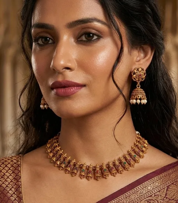 Viva_Jewels_Traditional_Antique_Gold-Plated_Mango_Leaf_Kemp_Choker_Set_–_Royal_Matte_Finish_South_Indian_Style_Festive_Necklace_with_Matching_Jhumka_Earrings_for_Weddings