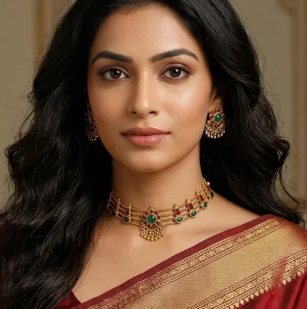 Viva_Jewels_Traditional_Antique_Gold-Plated_Multi-Strand_Choker_Set_–_Vintage_Matte_Finish_Collar_Necklace_with_Ruby_Red_&_Emerald_Green_Cabochons_and_Matching_Stud_Earrings