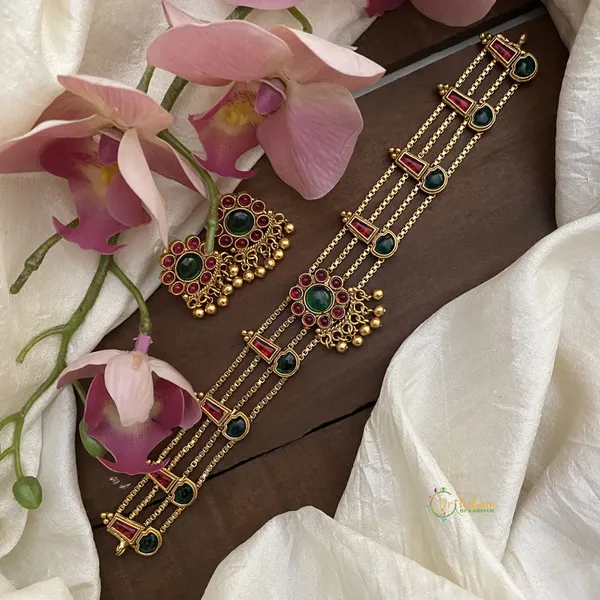 Viva_Jewels_Traditional_Antique_Gold-Plated_Multi-Strand_Choker_Set_–_Vintage_Matte_Finish_Collar_Necklace_with_Ruby_Red_&_Emerald_Green_Cabochons_and_Matching_Stud_Earrings