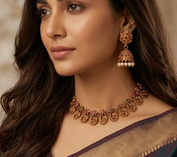 Viva_Jewels_Traditional_Antique_Gold-Plated_Paisley_Kemp_Choker_Set_–_Royal_Matte_Finish_South_Indian_Style_Festive_Necklace_with_Matching_Jhumka_Earrings_for_Weddings