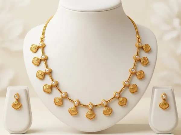 Viva_Jewels_Traditional_Heritage_Necklace_Set_–_Gold-Plated_Matte_Finish_Haar_with_Intricate_Shell_Motifs,_Luminous_White_Beads,_and_Matching_Stud_Earrings