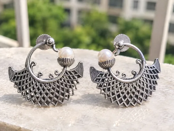 Viva_Jewels_Tribal_Oxidized_Silver_Swan-Peacock_Hoop_Earrings_–_Handcrafted_Lattice_Fan_Drop_Earrings_with_Pearl_Accent