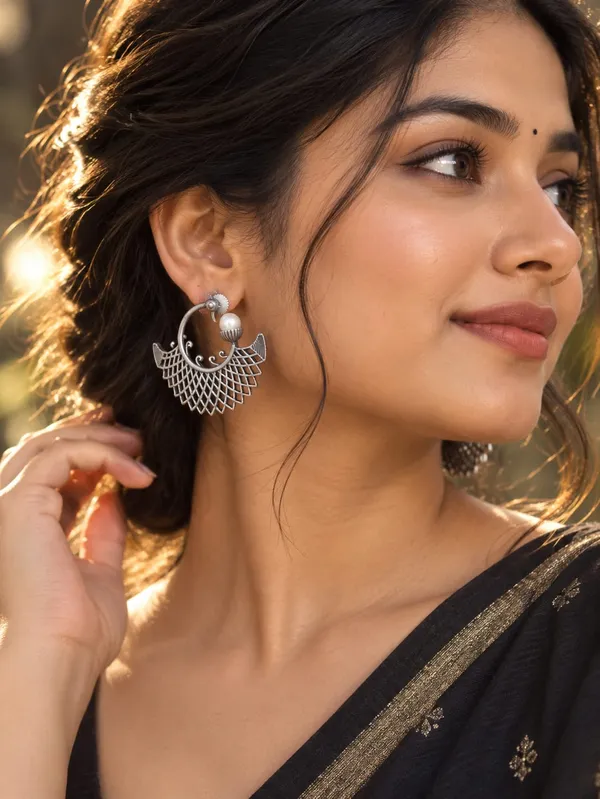 Viva_Jewels_Tribal_Oxidized_Silver_Swan-Peacock_Hoop_Earrings_–_Handcrafted_Lattice_Fan_Drop_Earrings_with_Pearl_Accent