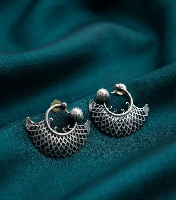 Viva_Jewels_Tribal_Oxidized_Silver_Swan-Peacock_Hoop_Earrings_–_Handcrafted_Lattice_Fan_Drop_Earrings_with_Pearl_Accent