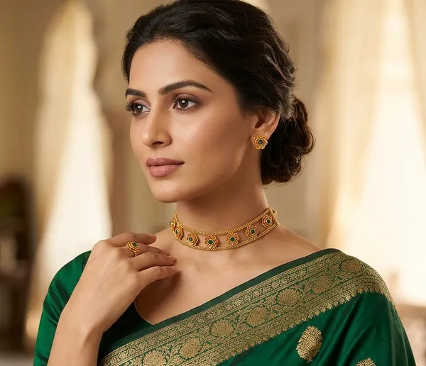 Viva_Jewels_Verdant_Floral_Choker_Set_–_Gold-Plated_Dual-Strand_Choker_with_Emerald-Green_Centerstones_and_Matching_Floral_Studs