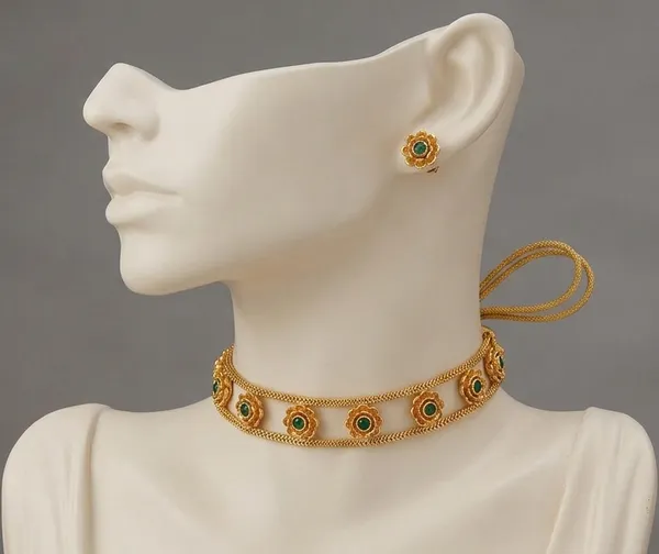 Viva_Jewels_Verdant_Floral_Choker_Set_–_Gold-Plated_Dual-Strand_Choker_with_Emerald-Green_Centerstones_and_Matching_Floral_Studs