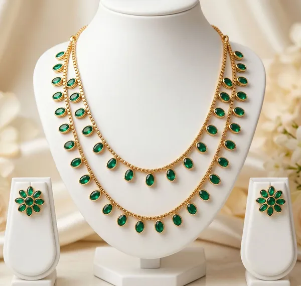 Viva_Jewels_Verdant_Grandeur_Layered_Haar_–_Double-Strand_Gold-Plated_Necklace_with_Cascading_Oval_Emerald-Green_Stones_and_Matching_Floral_Statement_Studs