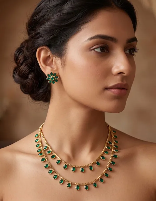Viva_Jewels_Verdant_Grandeur_Layered_Haar_–_Double-Strand_Gold-Plated_Necklace_with_Cascading_Oval_Emerald-Green_Stones_and_Matching_Floral_Statement_Studs