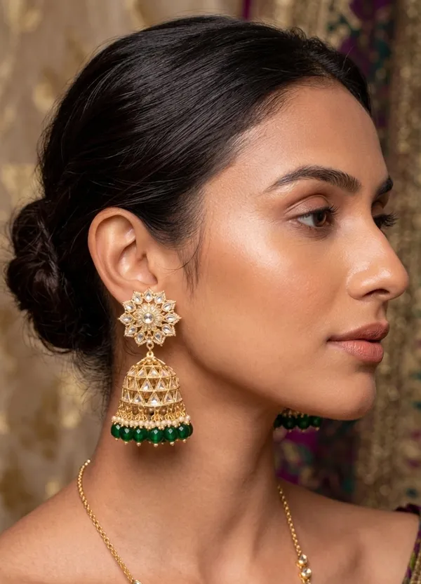 Viva_Jewels_Traditional_Gold-Plated_Emerald_Green_Jhumka_Earrings_–_Grand_Kundan_Floral_Stud_with_Intricate_Lattice_Dome_and_Crystal_Bead_Drops