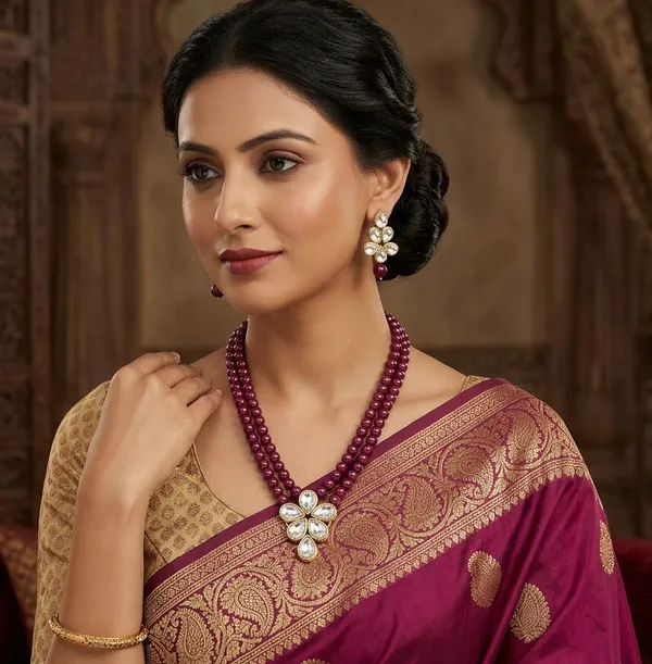 Viva_Jewels_Regal_Maroon_&_Gold_Dual-Strand_Pearl_Necklace_Set_–_Premium_Kundan_Floral_Pendant_with_Matching_Tiered_Drop_Earrings