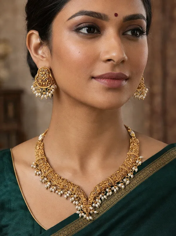 Viva_Jewels_Regal_Antique_Gold-Plated_V-Shaped_Hasli_Choker_Set_–_Premium_Hand-Engraved_Temple_Jewelry_with_Delicate_Pearl_Fringes_and_Matching_Floral_Studs