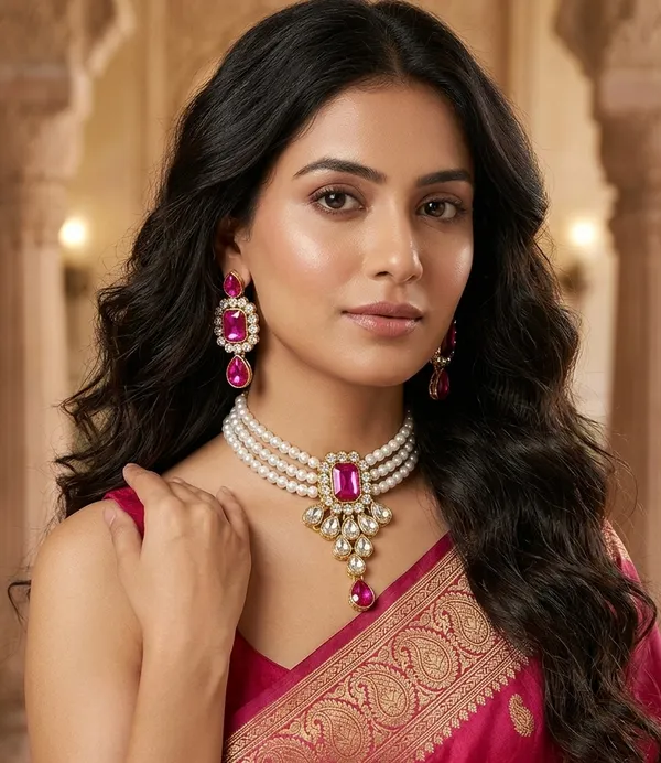 Viva_Jewels_Regal_Hot_Pink_&_White_Brass_Premium_Necklace_Set_–_Majestic_Triple-Strand_Pearl_Necklace_with_Magenta_Floral_Pendant_and_Matching_Statement_Earrings