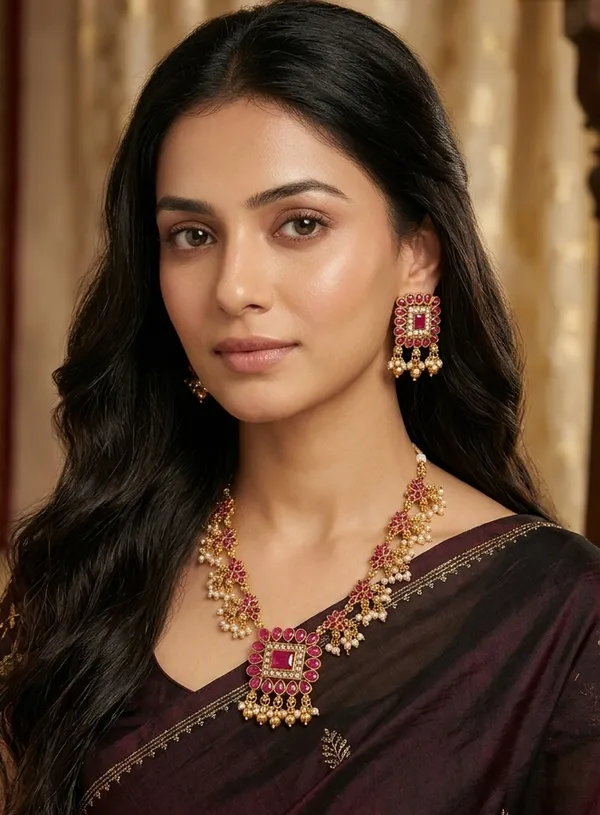 Viva_Jewels_Regal_Gold-Plated_Ruby-Red_Statement_Choker_Set_–_Classic_Floral_Cluster_Necklace_with_Guttapusalu_Pearl_Hangings_and_Matching_Square_Studs