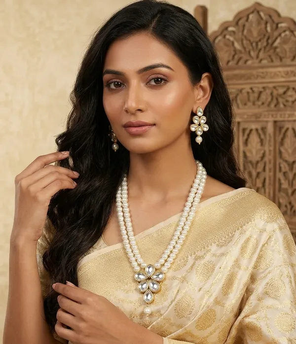 Viva_Jewels_Regal_Double-Layer_White_Shell_Pearl_Necklace_–_Traditional_Gold-Plated_Kundan_Floral_Pendant_Set_with_Matching_Drop_Earrings
