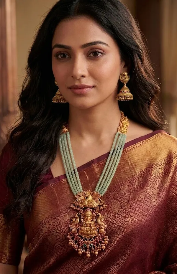 Viva_Jewels_Divine_Lakshmi_&_Peacock_Temple_Haram_Set_–_4-Strand_Mint_Green_Micro-Bead_Mala_with_Antique_Matte_Gold_Pendant_and_Jhumkas