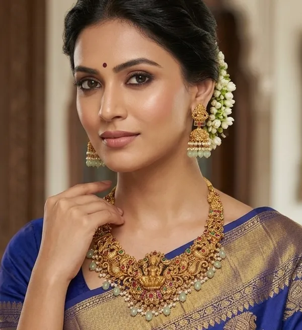 Viva_Jewels_Regal_Lakshmi_&_Peacock_Motif_Temple_Choker_–_Premium_Gold-Plated_Antique_Short_Necklace_with_Vibrant_Stonework_and_Mint_Bead_Droplets