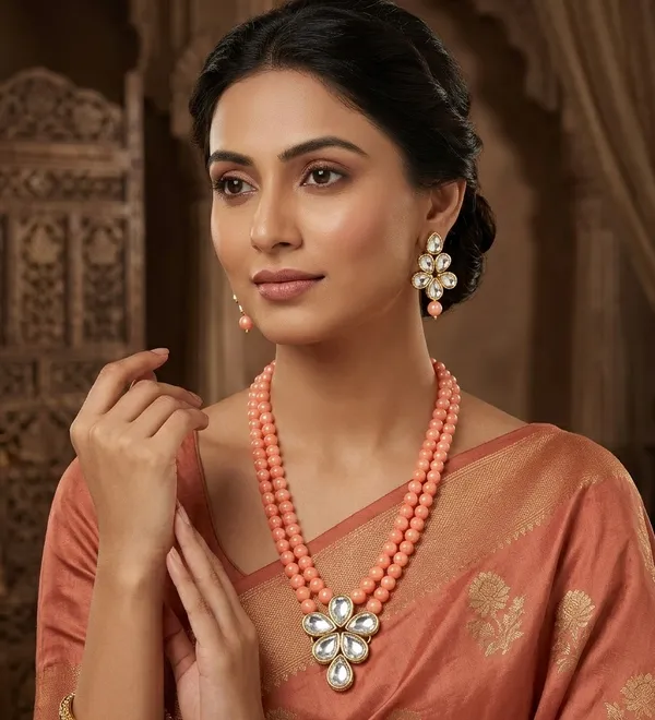 Viva_Jewels_Graceful_Peach_&_Golden_Brass_Premium_Necklace_Set_–_Elegant_Double-Strand_Peach_Pearl_Necklace_with_Floral_Kundan_Centerpiece_and_Matching_Earrings