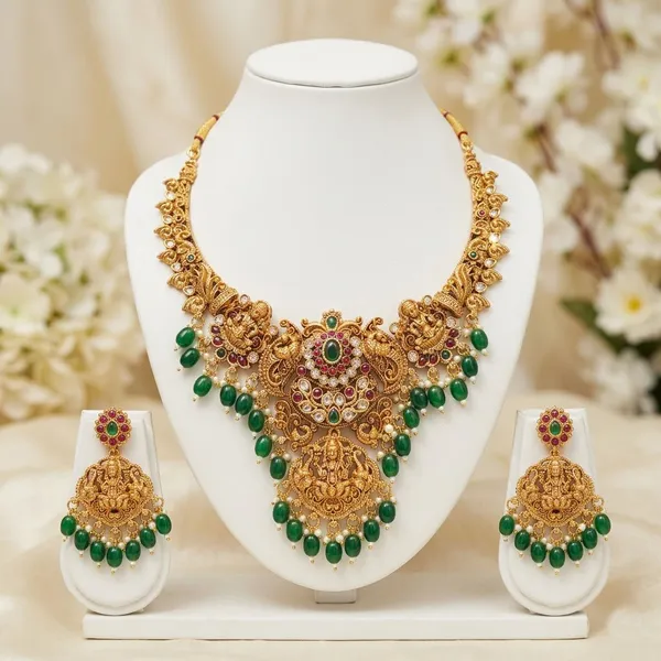 Viva_Jewels_Royal_Antique_Gold-Plated_Goddess_Lakshmi_Temple_Necklace_Set_–_Premium_Nakshi_Work_Choker_with_Peacock_Motifs_and_Cascading_Emerald_Green_Beads_Bridal_Jewelry