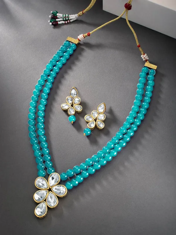 Viva_Jewels_Vibrant_Sky-Blue_Double-Strand_Bead_Necklace_–_Premium_Gold-Plated_Floral_Kundan_Pendant_Set_with_Matching_Drop_Earrings