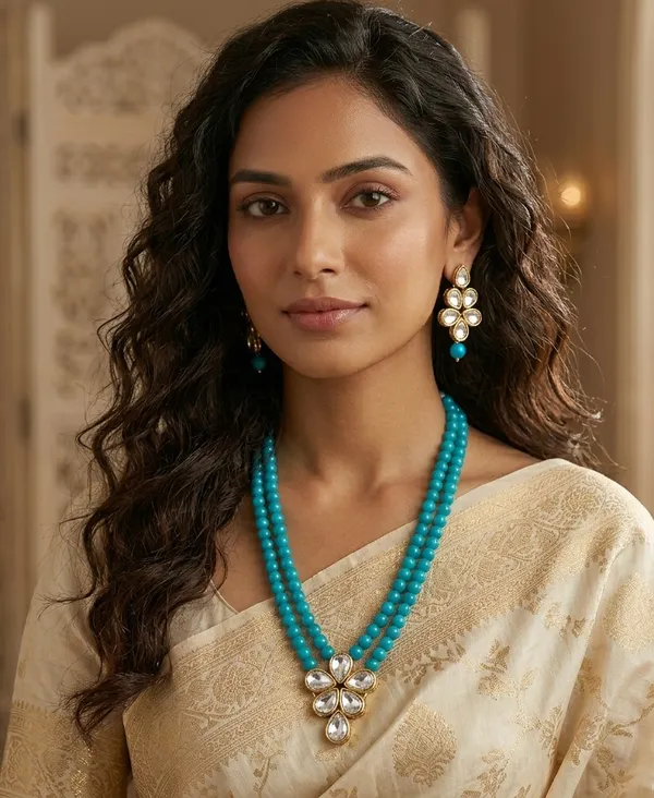 Viva_Jewels_Vibrant_Sky-Blue_Double-Strand_Bead_Necklace_–_Premium_Gold-Plated_Floral_Kundan_Pendant_Set_with_Matching_Drop_Earrings