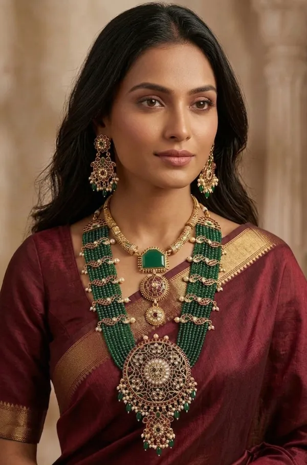 Viva_Jewels_Royal_Emerald_Heritage_Ensemble_–_Antique_Gold-Plated_Grand_Multi-Strand_Haram_with_Statement_Choker_and_Matching_Heritage_Earrings
