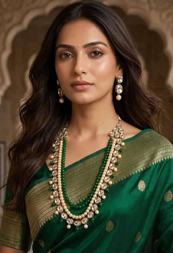 Viva_Jewels_Regal_Multi-Layer_Emerald_Green_&_Cream_Pearl_Statement_Set_–_Handcrafted_Gold-Plated_Long_Rani_Haar_with_Kundan_Accents_and_Matching_Drop_Earrings